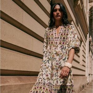 Sézane Floral Midi Dress in Cream and Purple